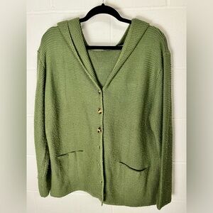 Green Button-Up Women's Sweater with Hoodie XXL